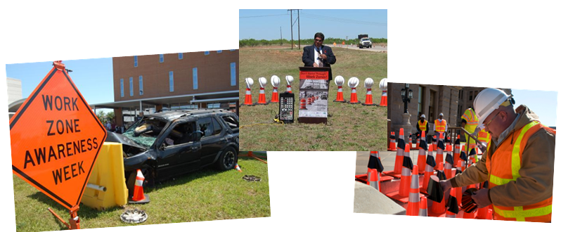 Collage of photos depicting memorial events where hard hats and black ribbons are hung from orange cones and a totaled car