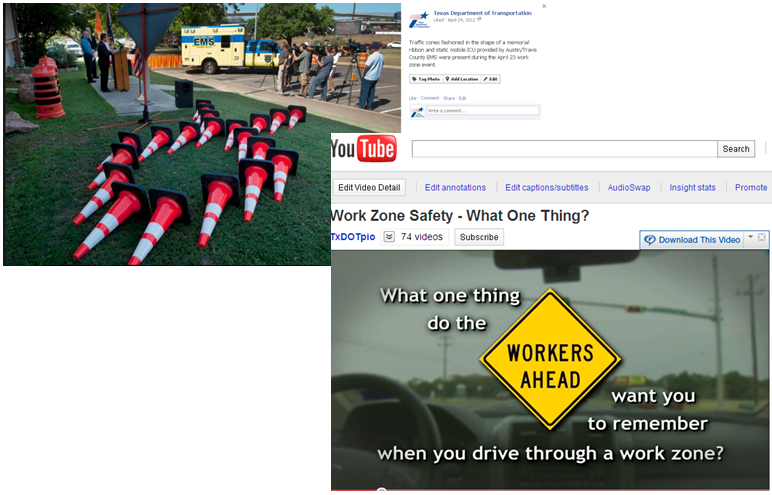 Screen captures of the TxDOT Facebook and YouTube pages.