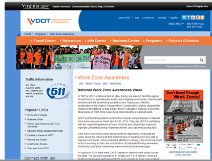 VDOT work zone awareness web page.