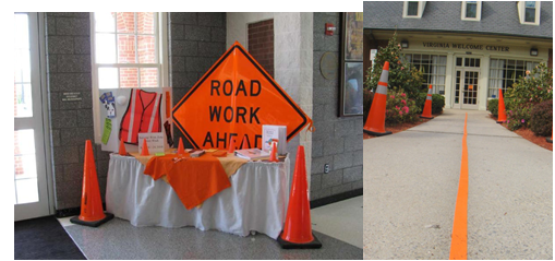 Traffic control devices in and around welcome centers for work zone safety awareness week.