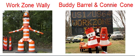 Work Zone Wally, Buddy Barrel, and Connie Cone characters.