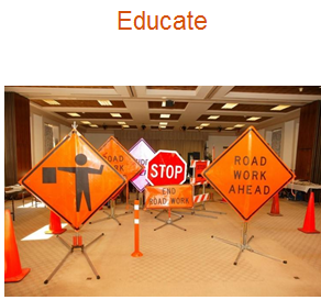 An assortment of work zone safety signs with the word 'Educate'
