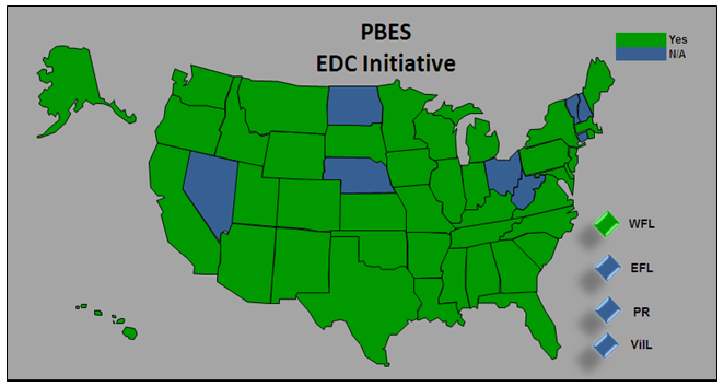 US Map showing that 44 out of 55 agencies reported a commitment to using PBES as part of their EDC deployment goals. The agencies that did not report such a commitment are in the states of Nevada, Nebraska, North Dakota, Ohio, West Virginia, Vermont, New Hampsire, and Connecticut as well as the Eastern Federal Lands, Puerto Rico, and the US Virgin Islands.