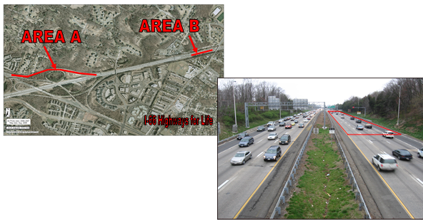 A map showing project areas A and B and a traffic camera photo of I-66 with one of the project areas outlined in red.
