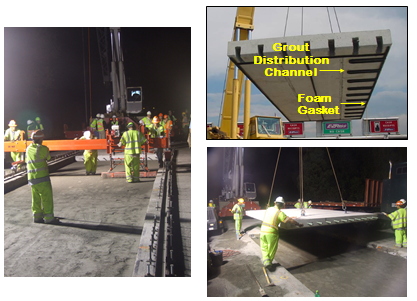 Set of three photos depicting workers placing super-slabs. One of the photos shows the underside of a slab and marks the locations of the grout distribution channels and the foam gasket.