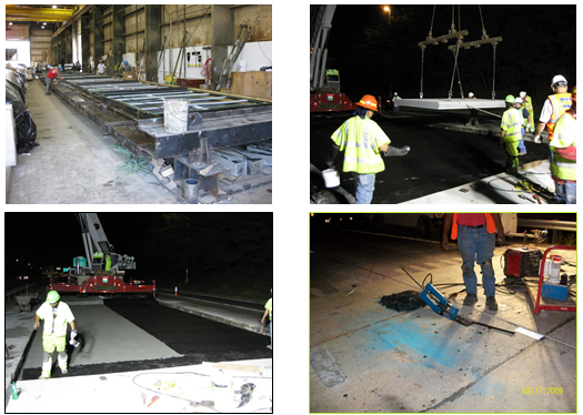 Set of four photos showing the construction and placement of super slabs on I-66 in Virginia.