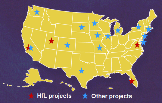 Map of the US with red stars indicating Highways for Life projects (in Virginia, Florida, Utah, and California) and states with other projects (Washington, California, Colorado, South Dakota, Minnesota, Iowa, Missouri, Illinois, Michigan, New York, Massachussets, New Jersey, and Maryland.
