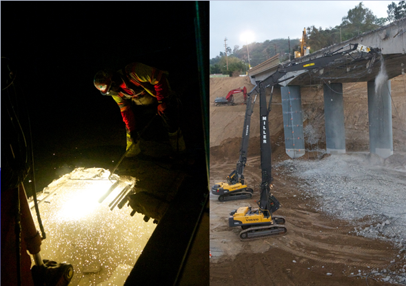 Side-by-side photos of a worker using a blow torch to cut through cables and construction cranes being used to tear away segments of deconstructed bridge decking.