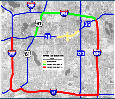 Map of construction area showing regional impacts on interstates and major arterial routes.