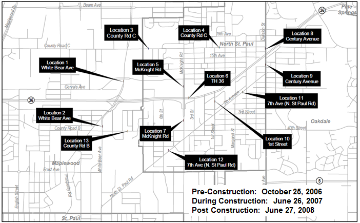 Map of the project area with 13 locations highlighted. Notes indicate that the pre-construction period began October 25, 2006, the construction period began June 26, 2007, and the post construction period began June 27, 2008.