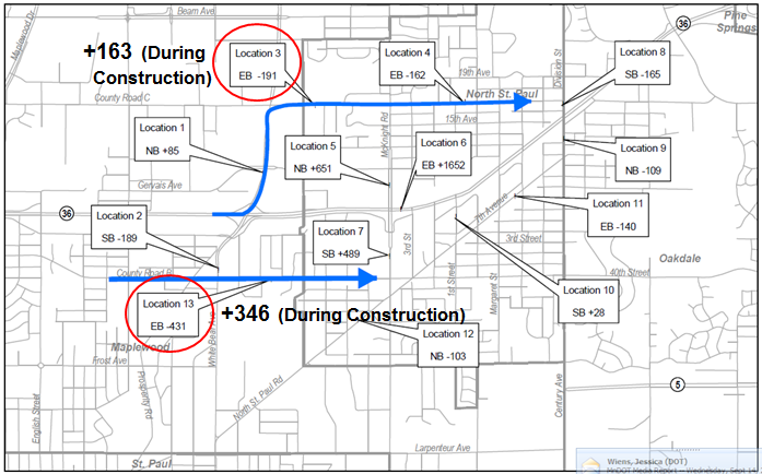 Map project area with locations 3 (EB 191) and 13 (EB 431) highlighted.