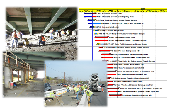 Collage of construction photos and a project schedule.