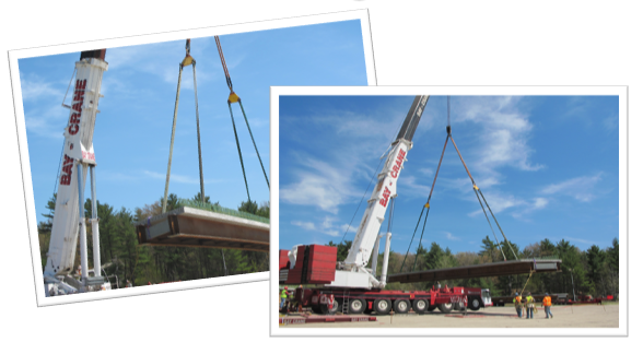 Two photos of a crane lifting a precast segment in an open lot as a training exercise prior to installation in the road environment.