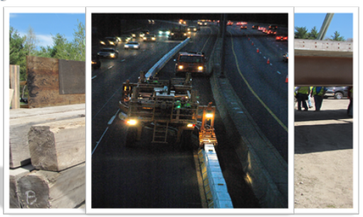 Collage of three photos, one of wooden beams, one of a zipper truck moving a barrier at night, and one of a steel beam.