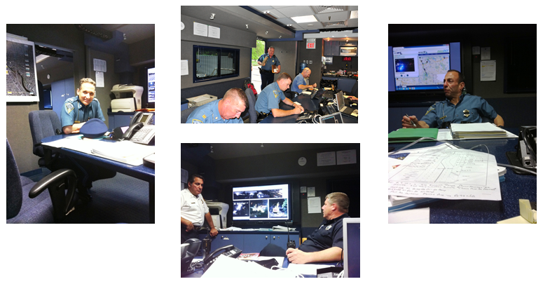 Collage of photos showing state police at work in the mobile command center.