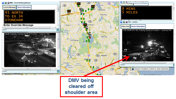 Screenshot of the RTTM traffic map overlaid with two photos from traffic cameras, one of which depicts the DMV being cleared off the shoulder area.