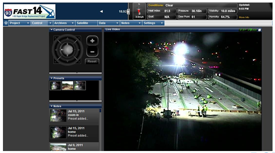 Photo from a live video feed showing night time construction underway on a bridge deck.