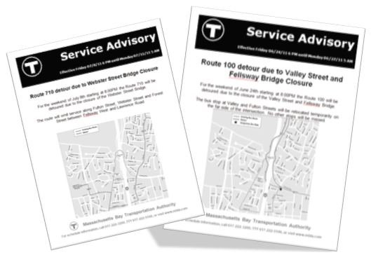 Screenshot of two informational flyer advising riders of changes in bus routes due to the construction.