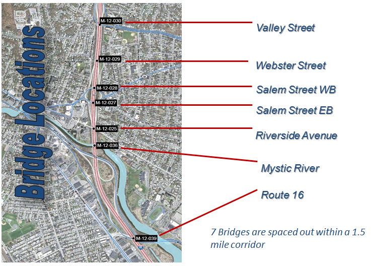 Map highlights the locations of the 7 bridges spaced out within a 1.5 mile corridor that were programmed to be repaired.