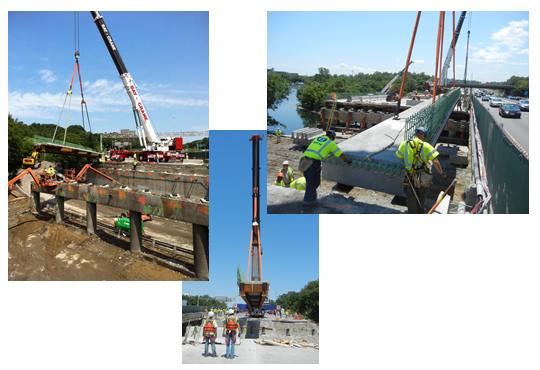Collage of photos from different angles depicting the placement of  precast modular units.