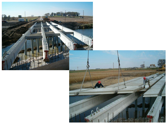 Two photos showing installed precast prestressed concrete beams and deck panels.