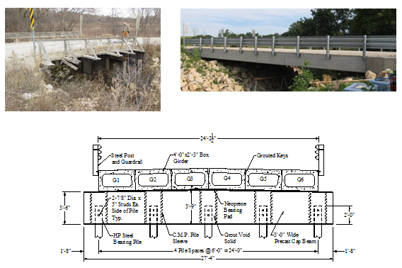 Before and After photos and a schematic for a new single-span bridge on local road.
