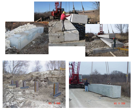 Collage of photos showing workers installing precast concrete box girders on precast abutment footings.