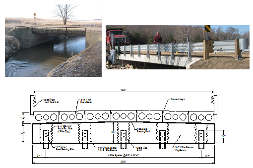 Before and After photos and a schematic for a new single-span bridge.