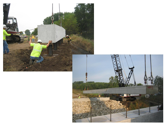 Photos of workers installing precast concrete box girders on abutment footings.