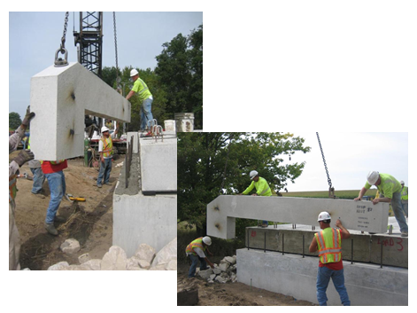 Photos of workers installing precast wings.