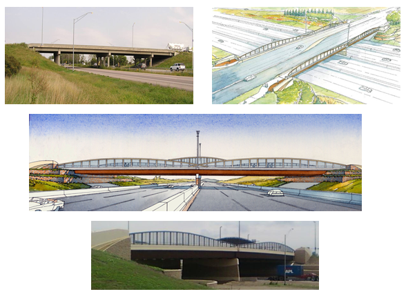 Collage of photos depicting an old overpass, artist renderings of a new overpass, and the new constructed overpass.