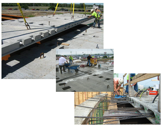 Collage of photos of workers performing bridge installation and construction tasks, including lowering precast slabs into place and anchoring the precast elements.