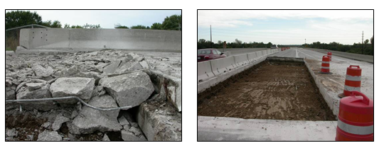 Photos of broken concrete chunks and an area on a roadway where the concrete slab has been cut out down to the dirt substrate.