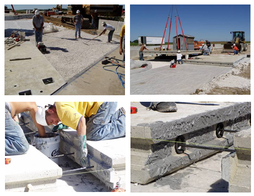 Photos of workers installing precast concrete panels.