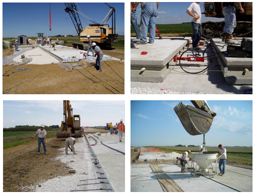 Photos of workers installing precast concrete panels.