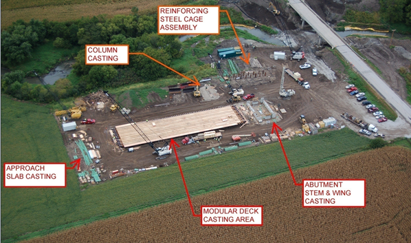 Aerial photo of the facility used to make precast elements, with the locations where column casting, reinforcing steel cage assembly, modular deck casting, and abutment stem and wing casting identified on the photo.