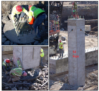 Photos of workers placing the columns.