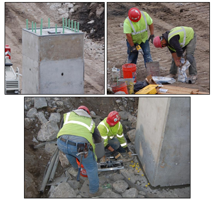 Photos of workers preparing the bedding and conducting coupler grouting activities.