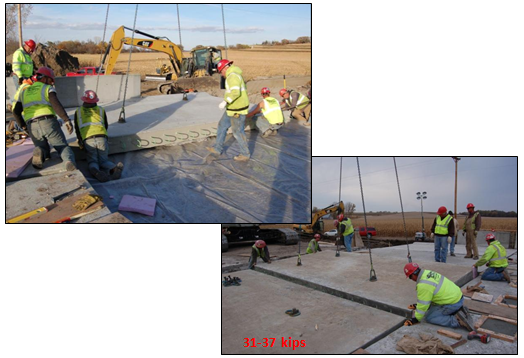 Photos of workers placing the precast approach slab.