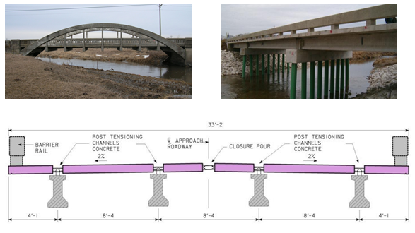 Before and after photos of the Mackey Bridge and a diagram showing a cross-section of the new bridge.