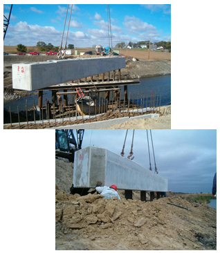Two photos showing workers installing precast pier caps and abutment footings.
