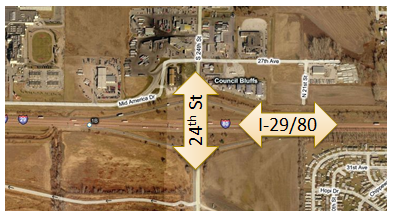 Google satellite map of the 24th Street-I-29/80 Interchange.