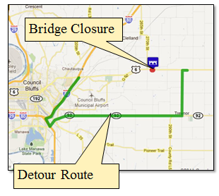 Map of the project area with the detour route and location of the bridge closure identified.