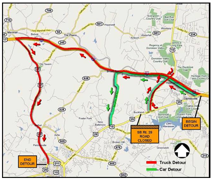 Map of area surrounding construction site showing car and truck detours and road closures.