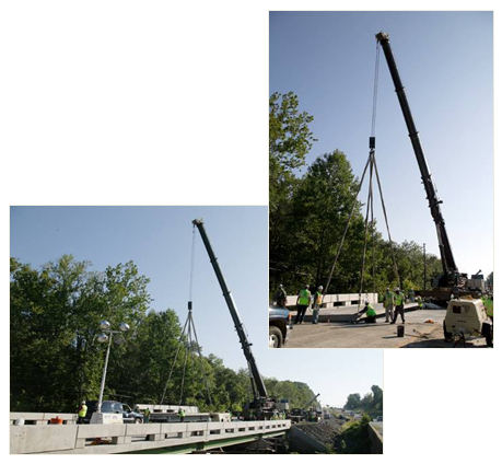 Two photos of cranes placing precast bridge segments.