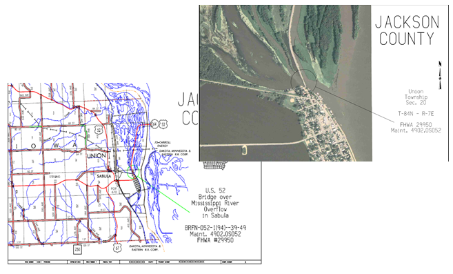 Contour map of the Sabula area and a satellite map of Union Township, including the project bridge.