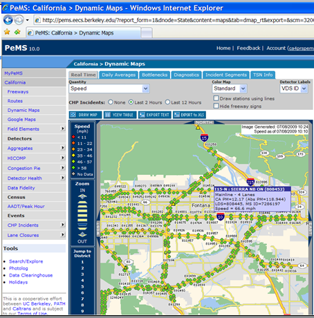 Screenshot of the California Performance Measurement System showing a road map with many PeMS stations marked along the roadways.