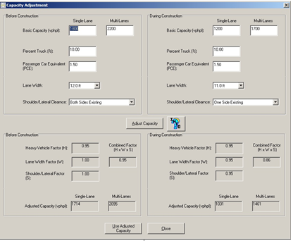 Screenshot of a CA4PRS work zone capacity adjustment screen.