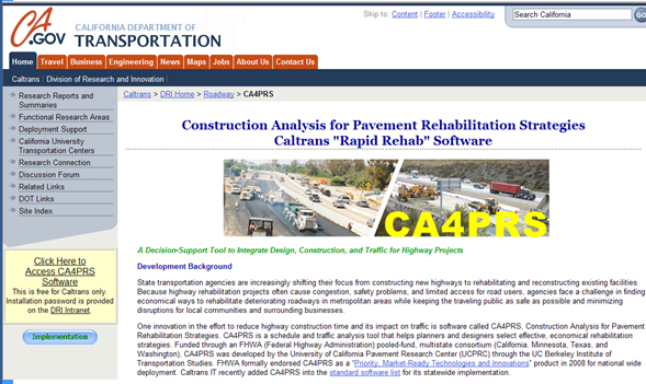 Screenshot of CA DOT web page containing the Construction Analysis for Pavement Rehabilitation Strategies, the Caltrans 'Rapid Rehab' Software.