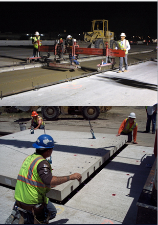Photos of workers placing precast slabs on the prepared road bed.